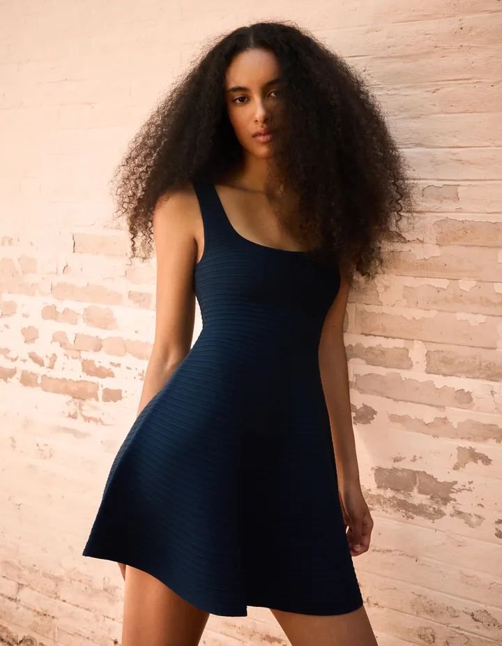 Bershka Vestido Mini Punto Falda Vuelo Mujer L Marino