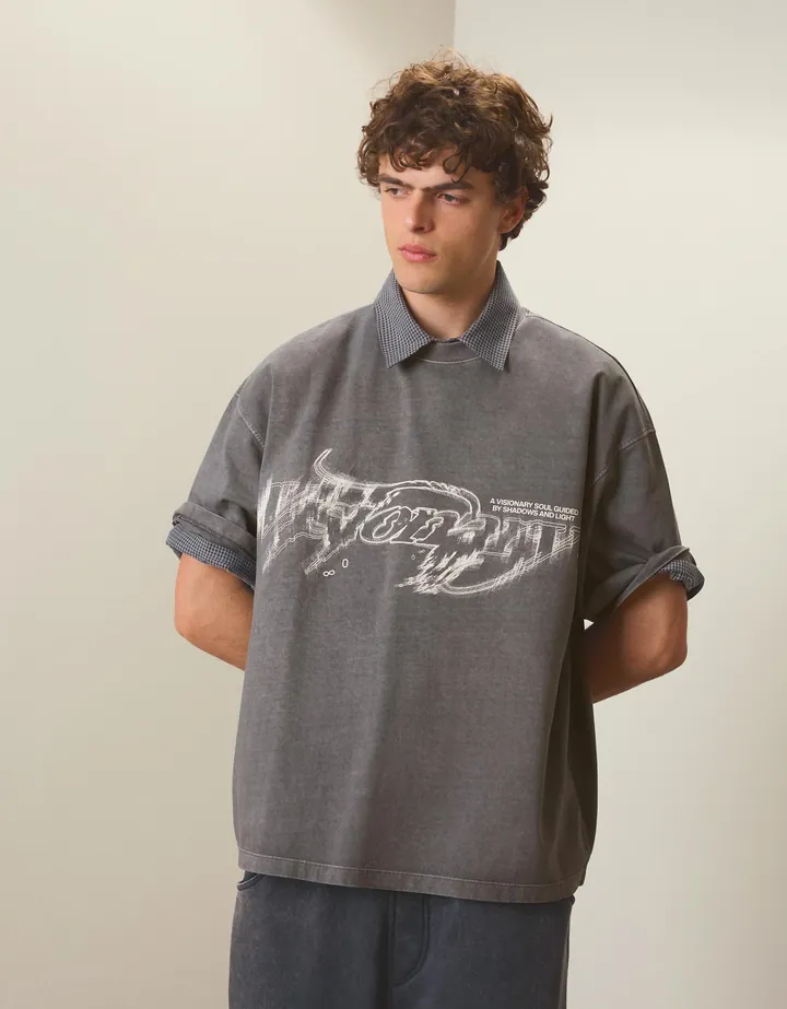 Bershka Camiseta Boxy Fit Print Hombre L Gris