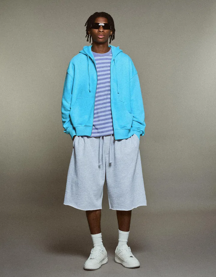 Bershka Sudadera Cremallera Capucha Hombre L Azul Claro