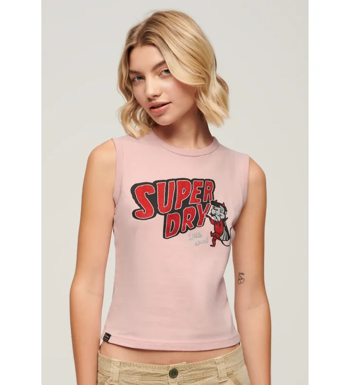 Superdry para mujer. W6011898A Camiseta ajustada con adornos Retro rosa (L), Casual, Sin mangas / Tirantes, Sostenible, Algodón Recicla