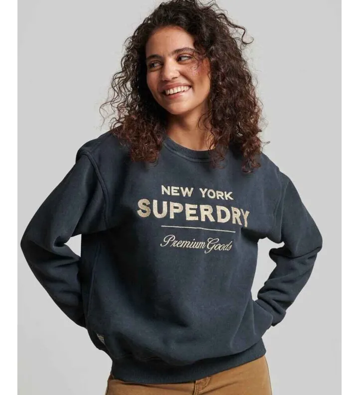 Superdry para mujer. W2011991A Sudadera con logotipo metalizado Luxe negro (S), Casual, Deportivo, Gris, Algodón