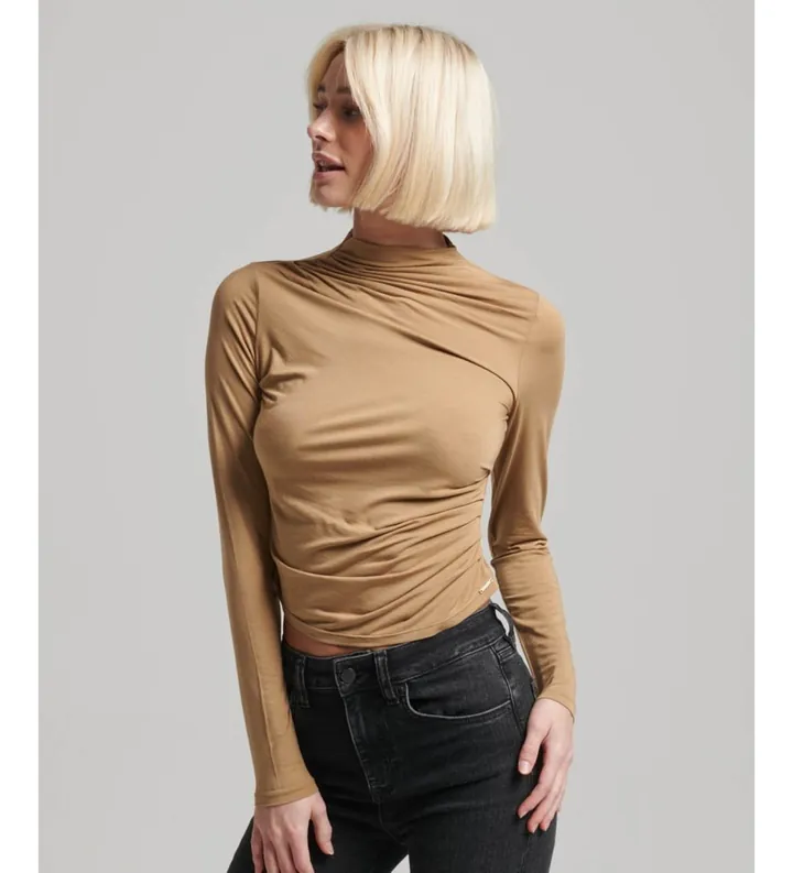 Superdry para mujer. W6011682A Camiseta fruncida con cuello perkins y manga larga marrón (L), Casual, Modal