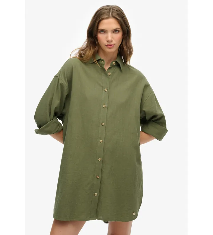 Superdry para mujer. W4010470A Camisa de playa larga Ibiza verde (M), Casual, Algodón, Manga larga