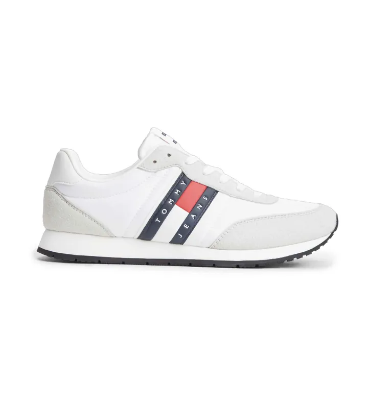 Tommy Jeans para hombre. EM0EM01709 Zapatillas con logo y mezcla de texturas blanco (45), Plano, Cordones, Casual, Sostenible, Poliéster rec