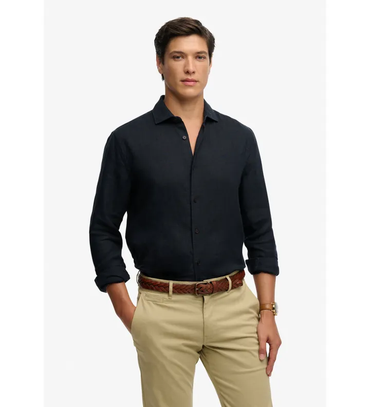 Superdry para hombre. M4011103A Camisa Riviera Lino marino (L), Casual, Clásico, Manga larga
