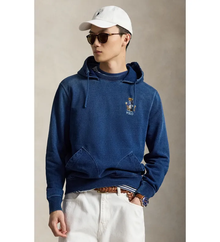 Polo Ralph Lauren para hombre. 710B18563001 Sudadera de rizo con capucha y Polo Bear marino (L), Casual, Algodón, Manga larga