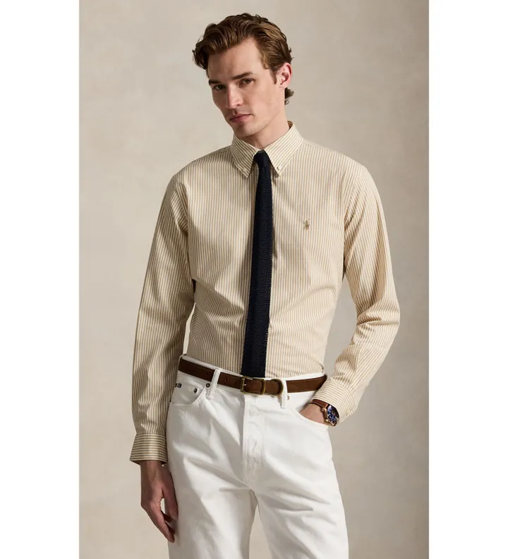 Polo Ralph Lauren para hombre. 710929346504 Camisa de popelina y elástico Custom Fit beige (L), Casual, Algodón, Manga larga