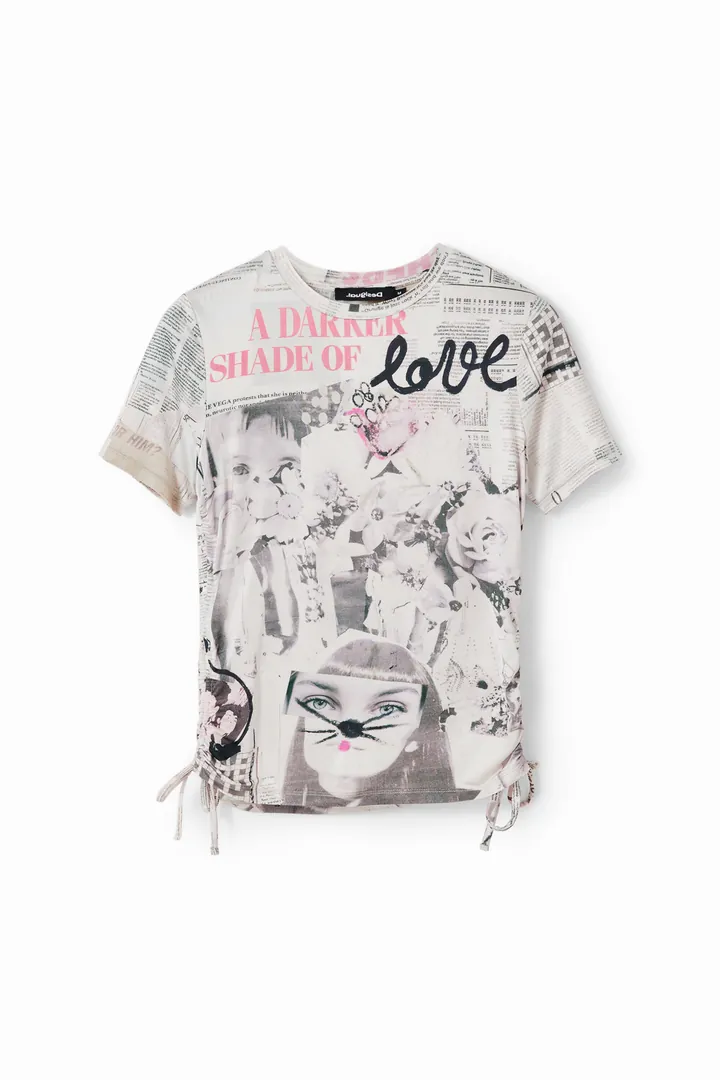 Desigual, Camiseta slim periódico fruncidos, Acetato, Blanco, L