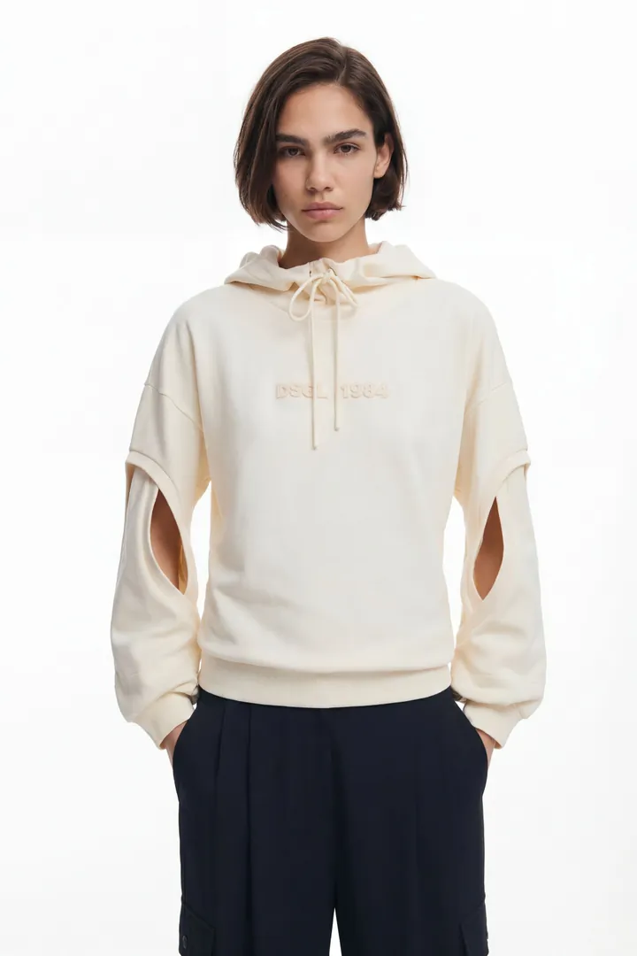 Desigual, Sudadera oversize abertura mangas, Blanco, S