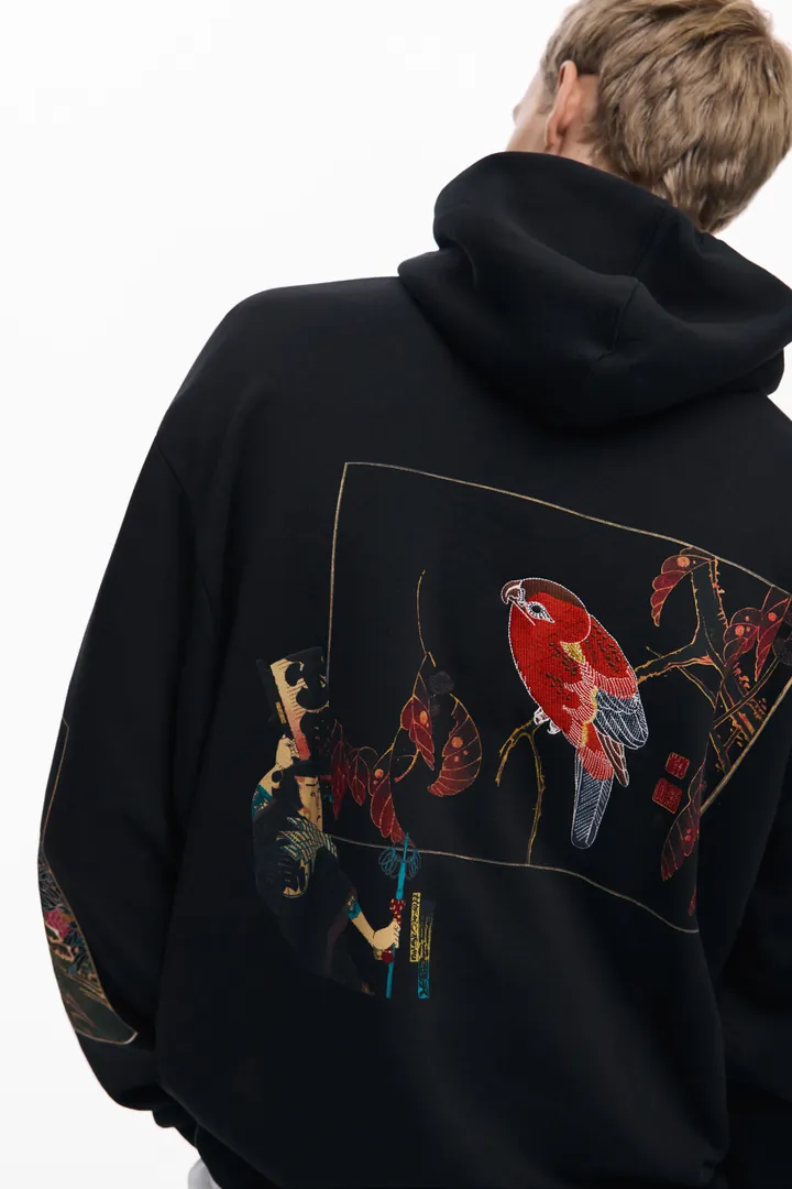 Desigual, Sudadera capucha paisaje, Hombre, Algodon, Negro, L
