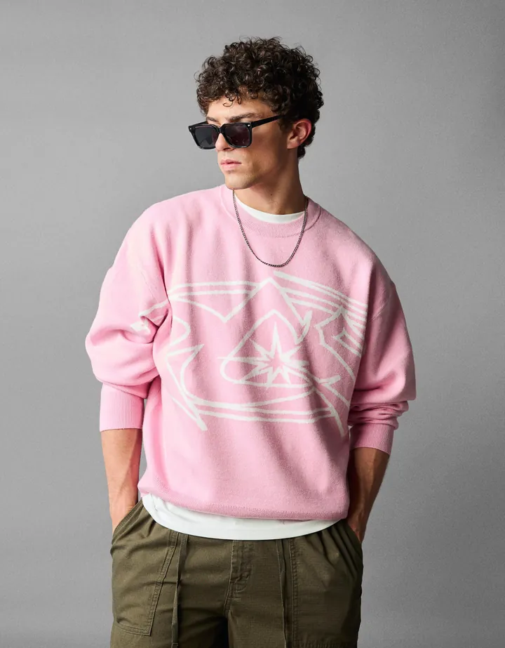Bershka Jersey Cuello Redondo Print Hombre L Rosa