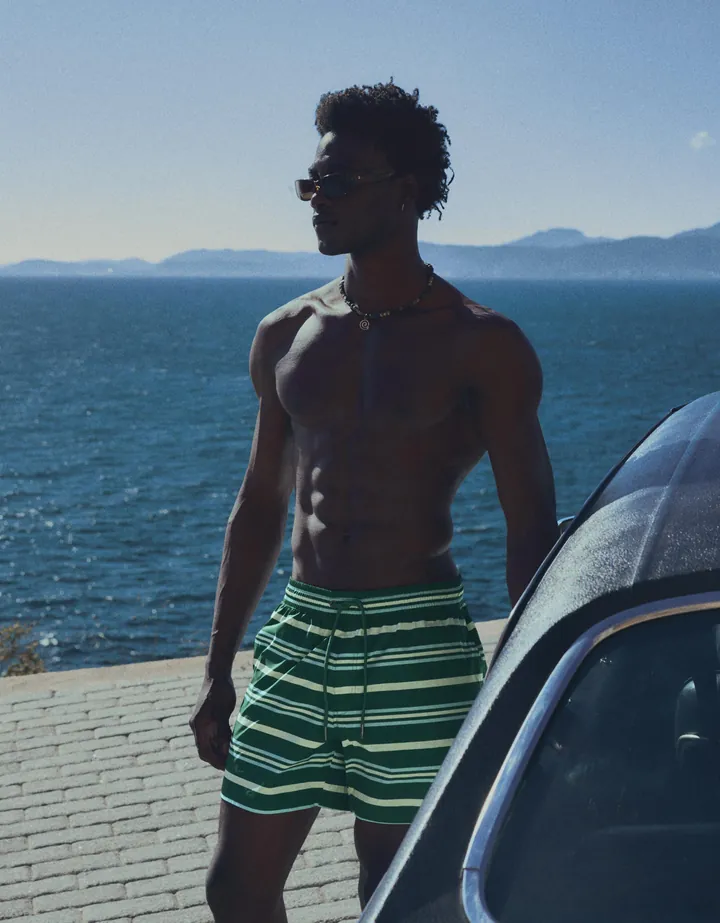 Bershka Bañador Boxy Rayas Hombre L Verde