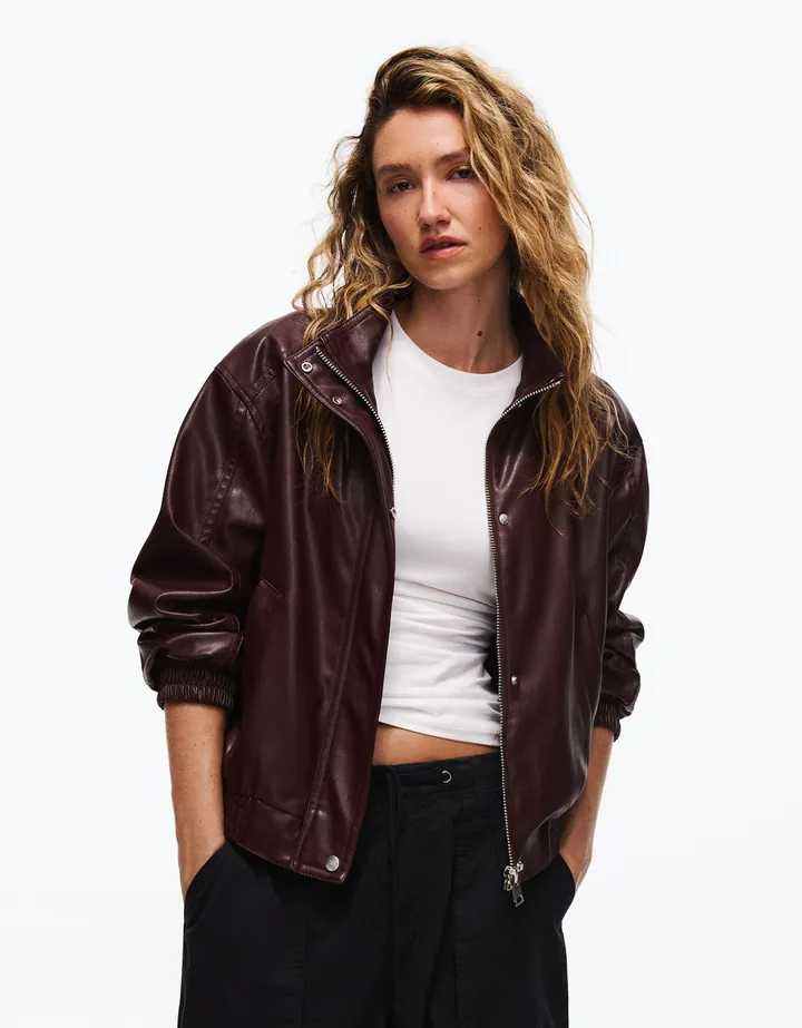 Bershka Cazadora Efecto Piel Mujer L Burdeos