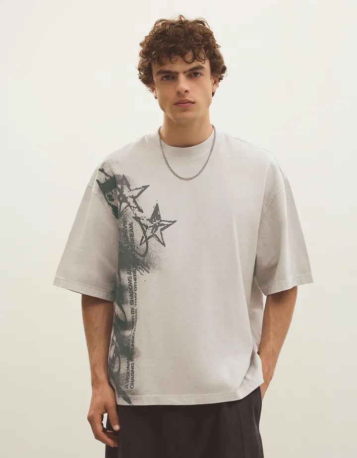 Bershka Camiseta Boxy Fit Print Hombre L Piedra