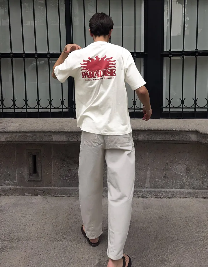 Bershka Camiseta Boxy Fit Print Hombre L Blanco Roto