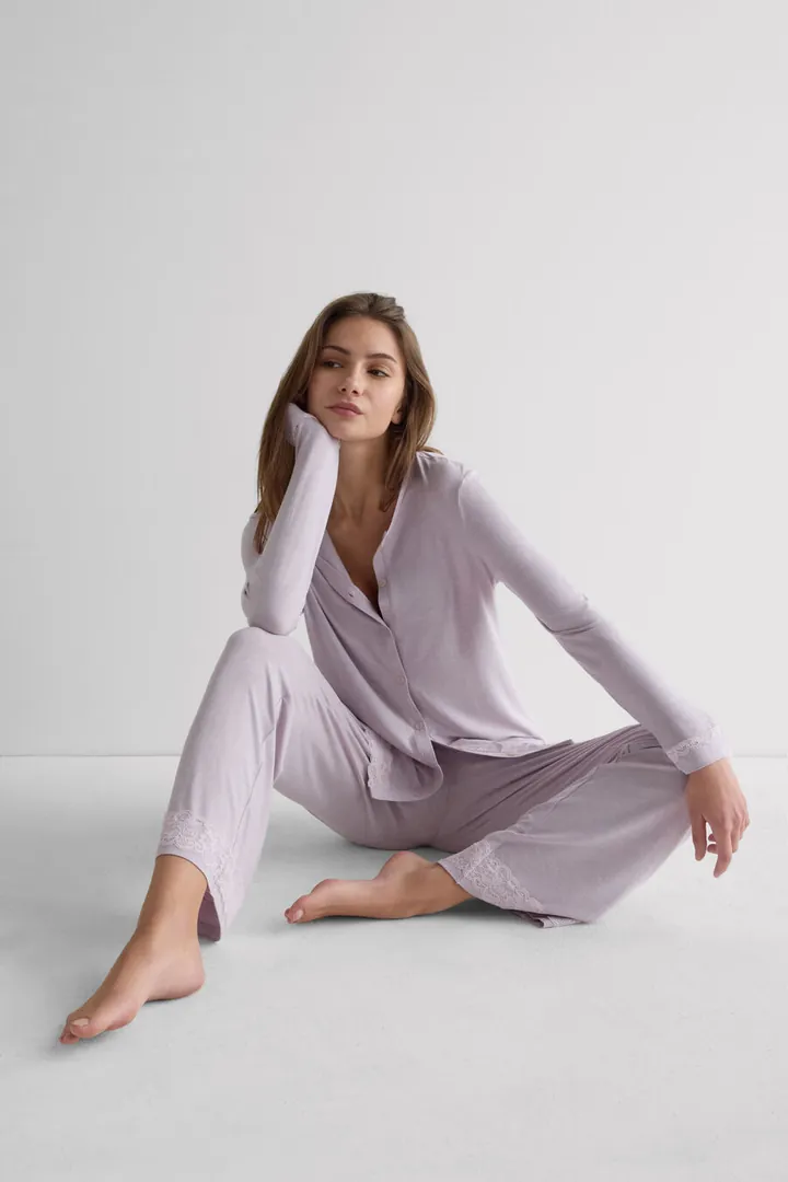 Intimissimi Pijama Largo con Abertura Delantera de Modal con Encaje Mujer Azul Tamaño L