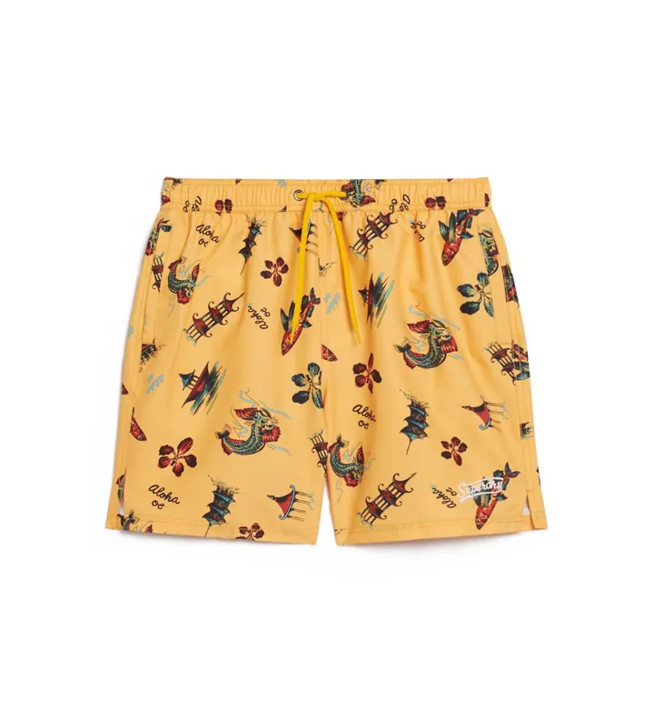 Superdry para hombre. M3010232A Bañador con estampado hawaiano reciclado amarillo (L), Beachwear, Poliéster Reciclado, Sostenible