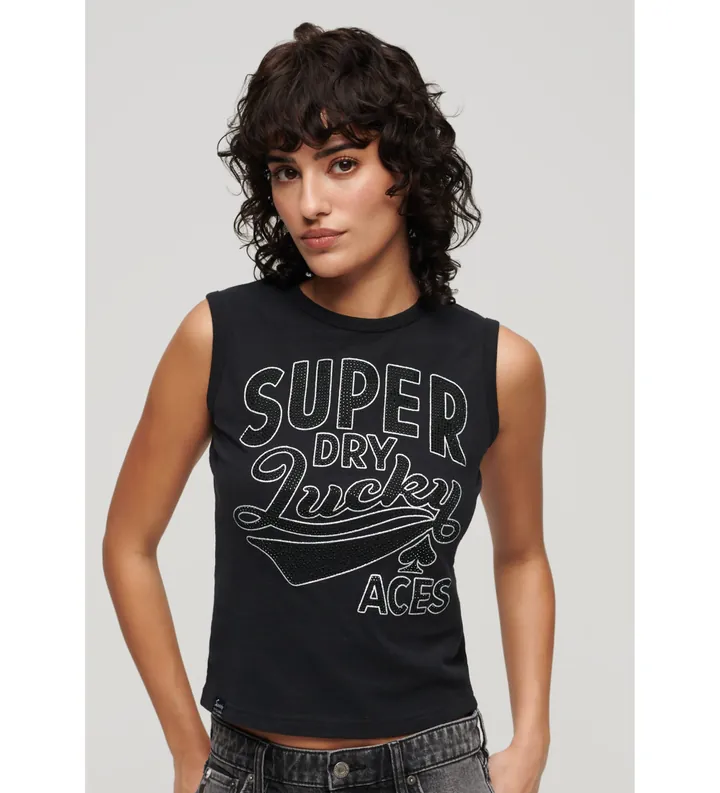 Superdry para mujer. W6011898A Camiseta con adornos Retro negro (M), Casual, Algodón, Sin mangas / Tirantes