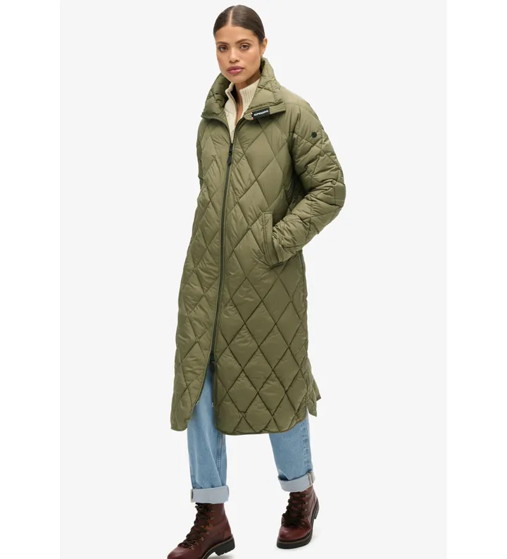Superdry para mujer. W5011796A Chaqueta extralarga acolchada con forro verde (M), Casual, Poliéster, Sostenible