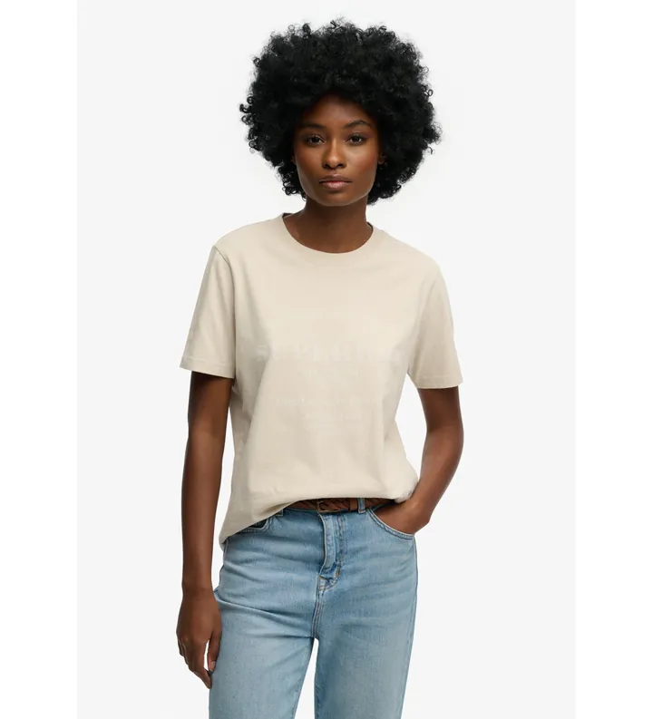 Superdry para mujer. W1011853C Camiseta Luxe beige (L), Casual, Algodón, Manga corta