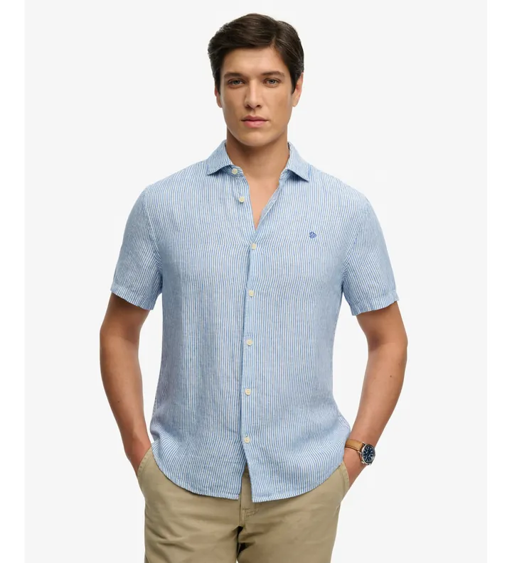 Superdry para hombre. M4011104A Camisa Riviera azul (L), Casual, Lino, Manga corta