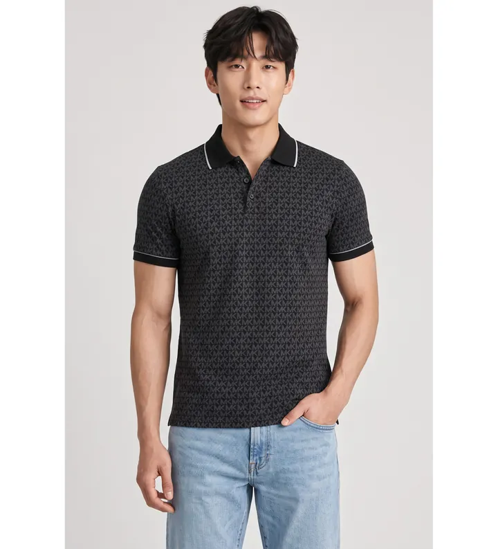 Michael Kors para hombre. CS650V848T Polo de punto liso de algodón con logotipo negro (L), Casual, Manga corta