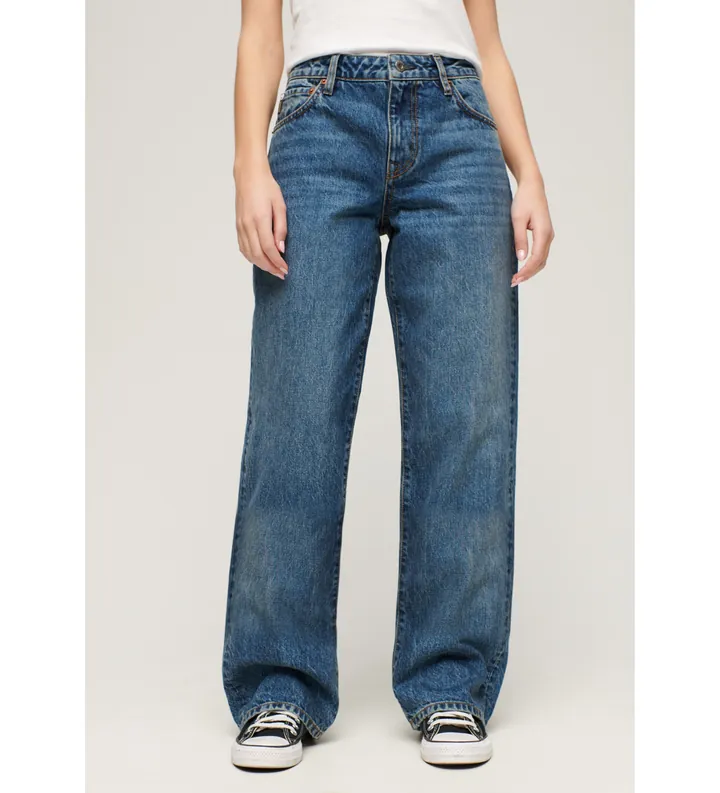 Superdry para mujer. W7011013A Jeans talle medio y pernera ancha azul (30/32), Casual, Algodón, Denim