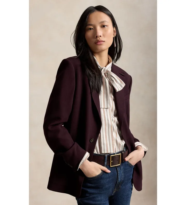 Polo Ralph Lauren para mujer. 211B17223001 Blazer de crepé de lana lila (36), Casual, Clásico
