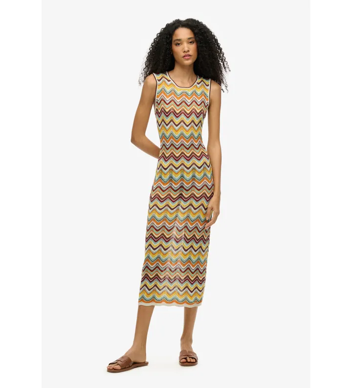 Superdry para mujer. W8011848A Vestido midi de punto en zigzag multicolor (M), Casual, Viscosa, Sin mangas / Tirantes