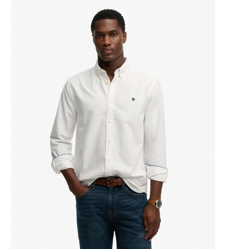 Superdry para hombre. M4011100A Camisa Preppy Oxford blanco (L), Casual, Algodón, Manga larga