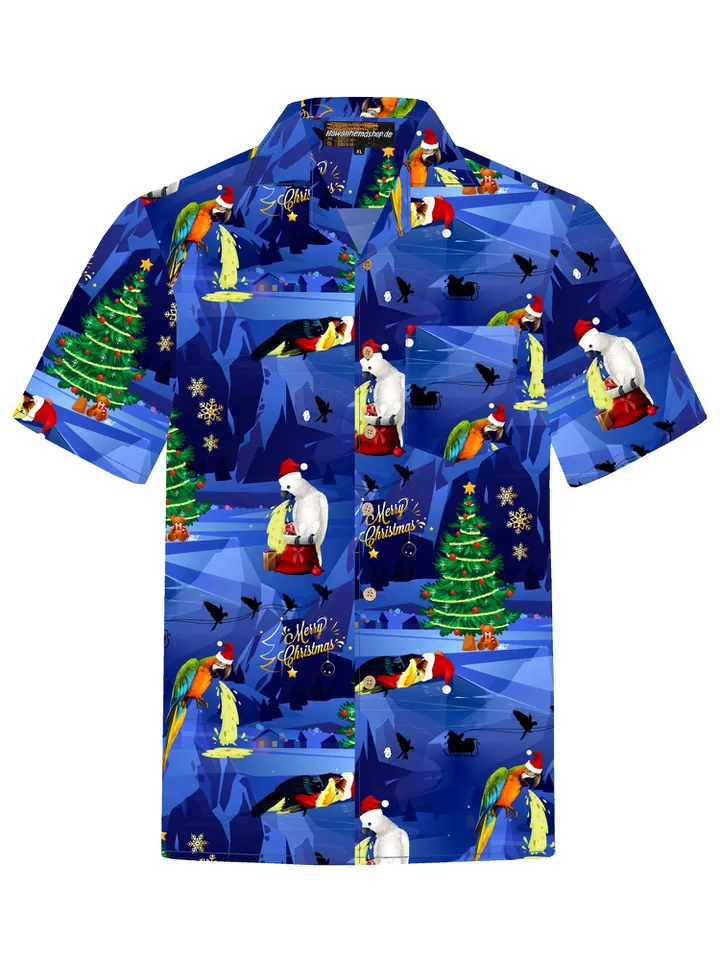 Hawaiihemdshop.de Camisa 'Hawaiihemd Christmas Parrots' azul / amarillo / verde / rojo