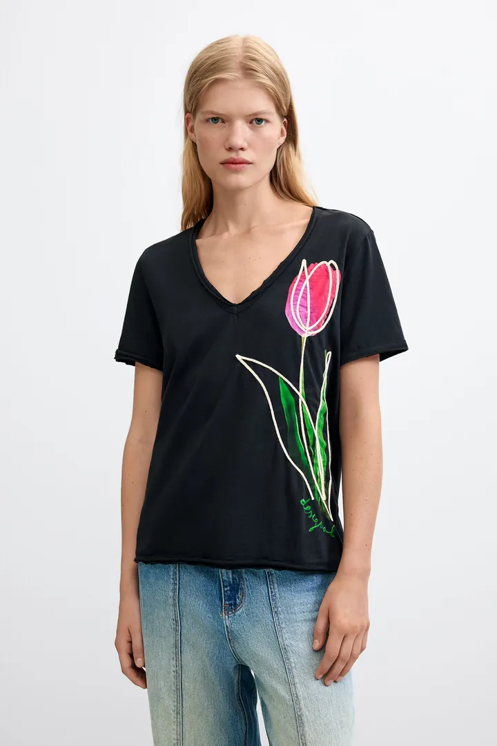 Desigual, Camiseta Estampado Floral 100% Algodón, Mujer, Algodon, Negro, L