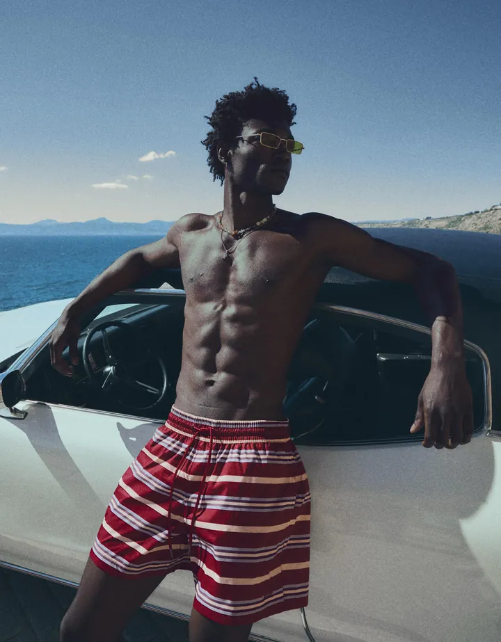 Bershka Bañador Boxy Rayas Hombre L Burdeos
