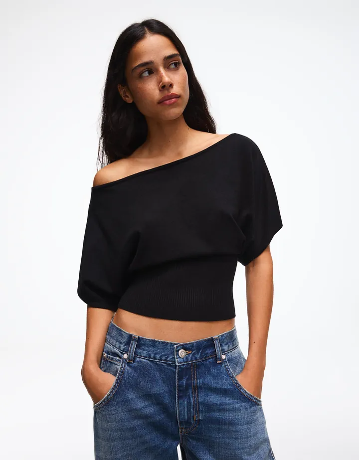 Bershka Camiseta Cuello Asimétrico Mujer L Negro