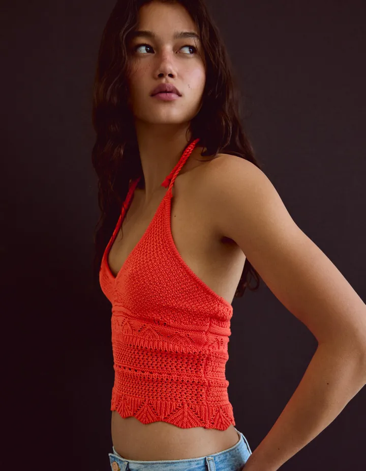Bershka Top Halter Punto Rústico Mujer L Naranja