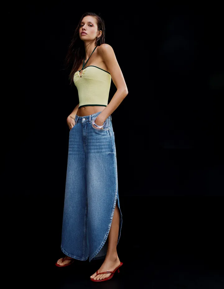 Bershka Jeans Wide Abertura Lateral Mujer 32 Azul Lavado