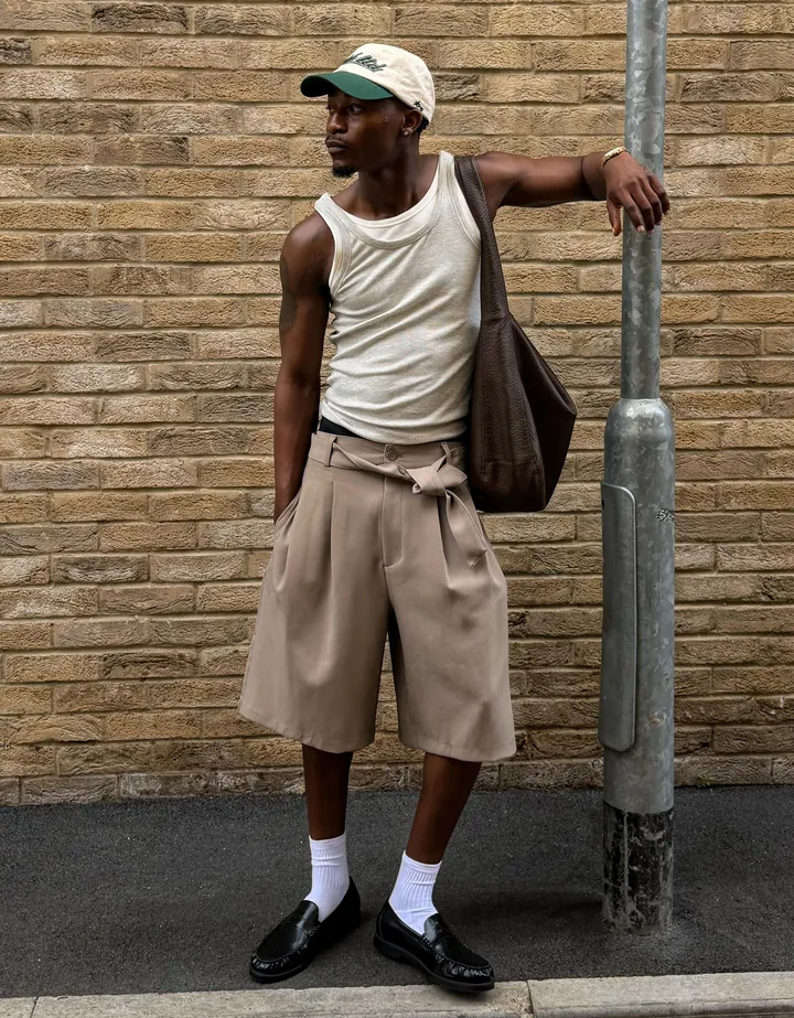 Bershka Bermuda Wide Leg Cinturón Hombre L Visón