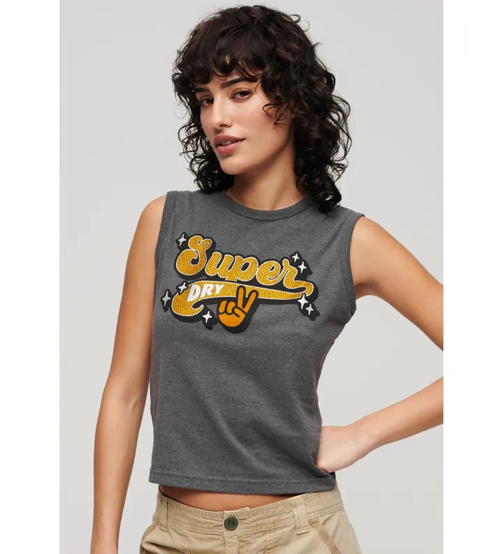 Superdry para mujer. W6011898A Camiseta con adornos Retro gris (L), Casual, Algodón, Sin mangas / Tirantes