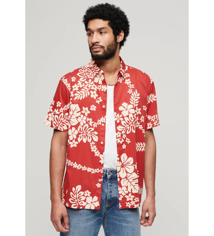 Superdry para hombre. M4010353A Camisa hawaiana rojo (L), Casual, Algodón, Manga corta