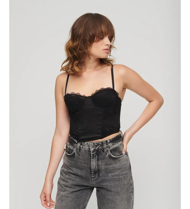 Superdry para mujer. W6011751A Top tipo corsé de satén con encaje de malla negro (L), Casual, Poliamida, Sin mangas / Tirantes
