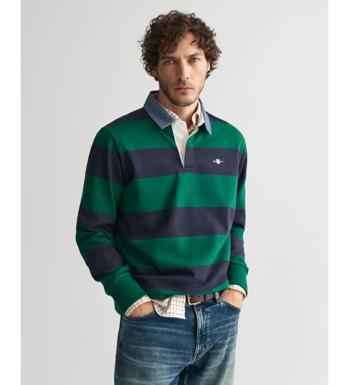 Gant para hombre. 2004083 Polo de cambray a rayas verde (L), Casual, Algodón, Manga larga
