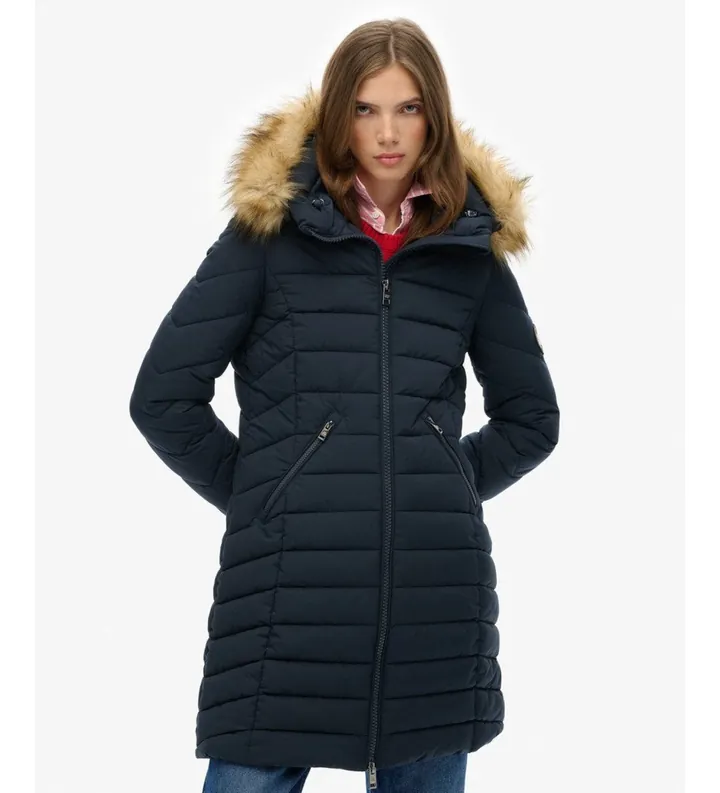 Superdry para mujer. W5011999A Abrigo Fuji Faux Fur marino (L), Casual, Poliéster