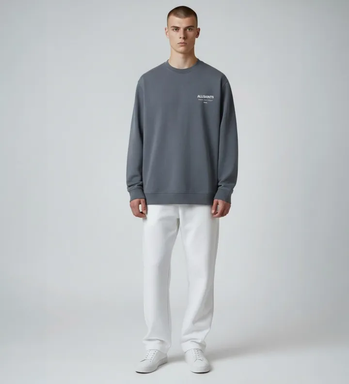 ALL SAINTS para hombre. M033NB Sudadera Underground (L), Azul, Casual, Gris, Algodón, Manga larga