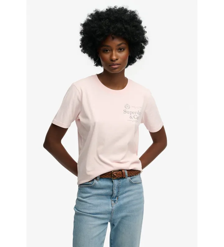 Superdry para mujer. W1011853C Camiseta Luxe rosa (L), Casual, Algodón, Manga corta