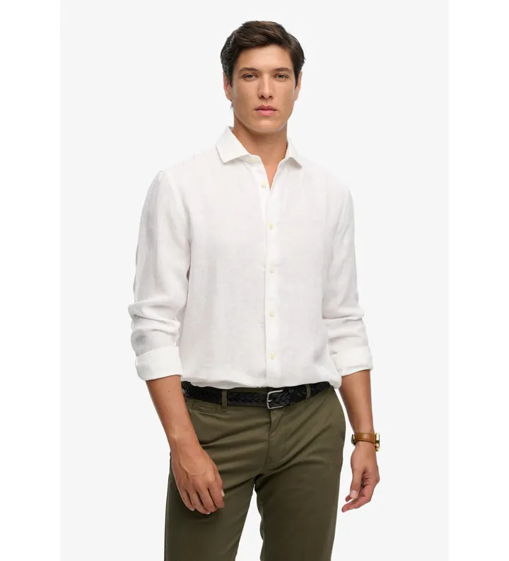 Superdry para hombre. M4011103A Camisa Riviera Lino blanco (L), Casual, Manga larga