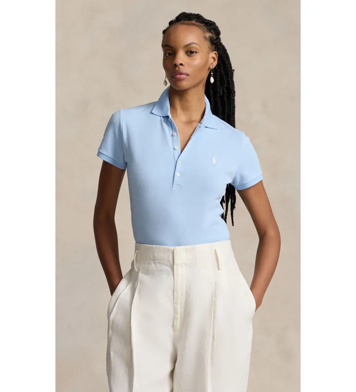 Polo Ralph Lauren para mujer. 211B18200002 Polo elástico Slim Fit azul (L), Casual, Algodón, Manga corta