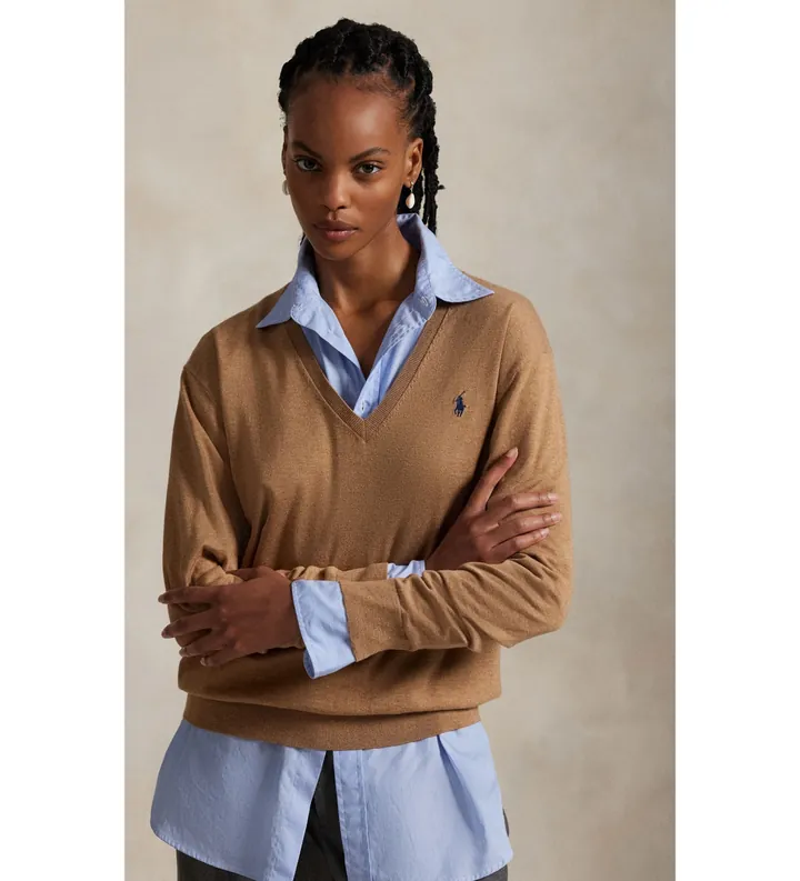 Polo Ralph Lauren para mujer. 211972105003 Jersey V beige (S), Casual, Algodón, Manga larga