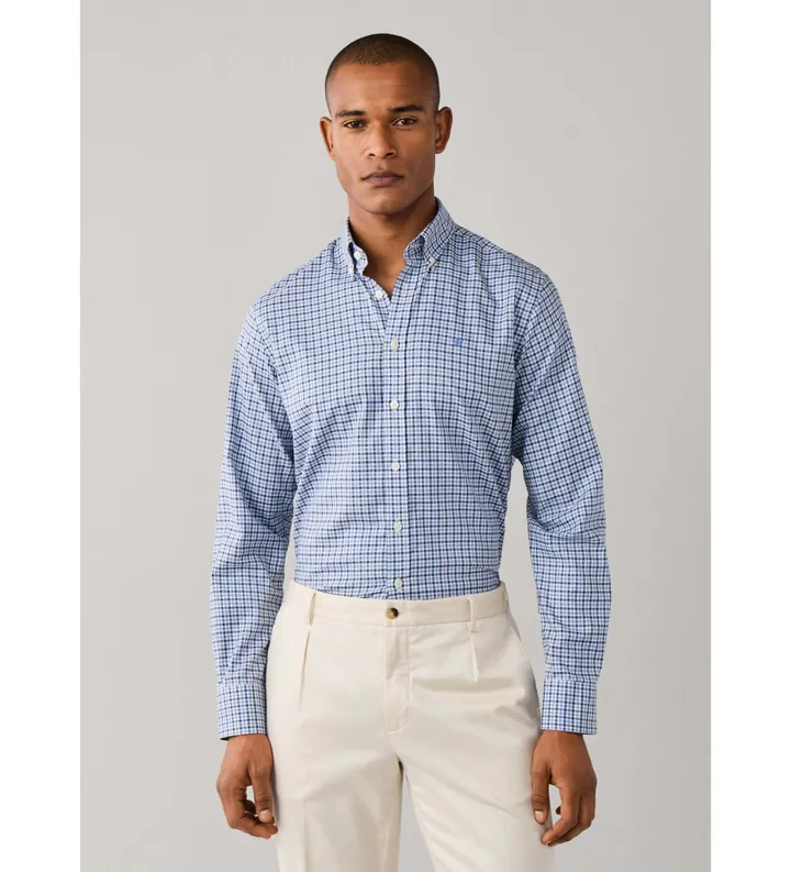 Hackett London para hombre. HM3010752 Camisa Three Color Gingham azul (L), Casual, Algodón, Clásico, Manga larga