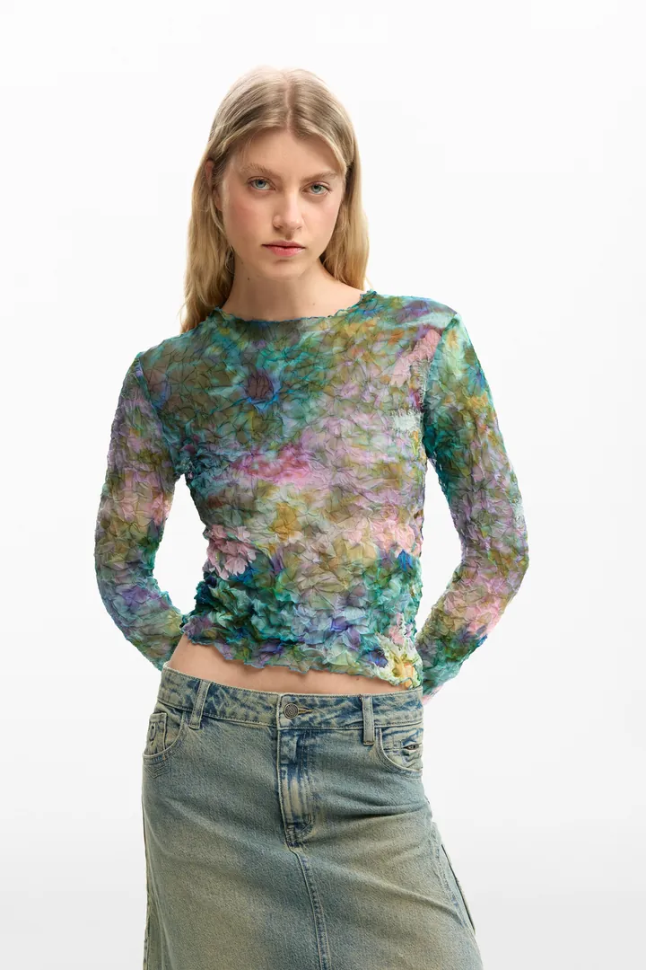 Desigual, Blusa textura flores, Mujer, Poliester, Azul, L