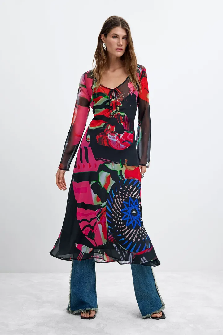 Desigual, Vestido Estampado Manga Larga M. C. Lacroix, Mujer, Poliester, Negro, L